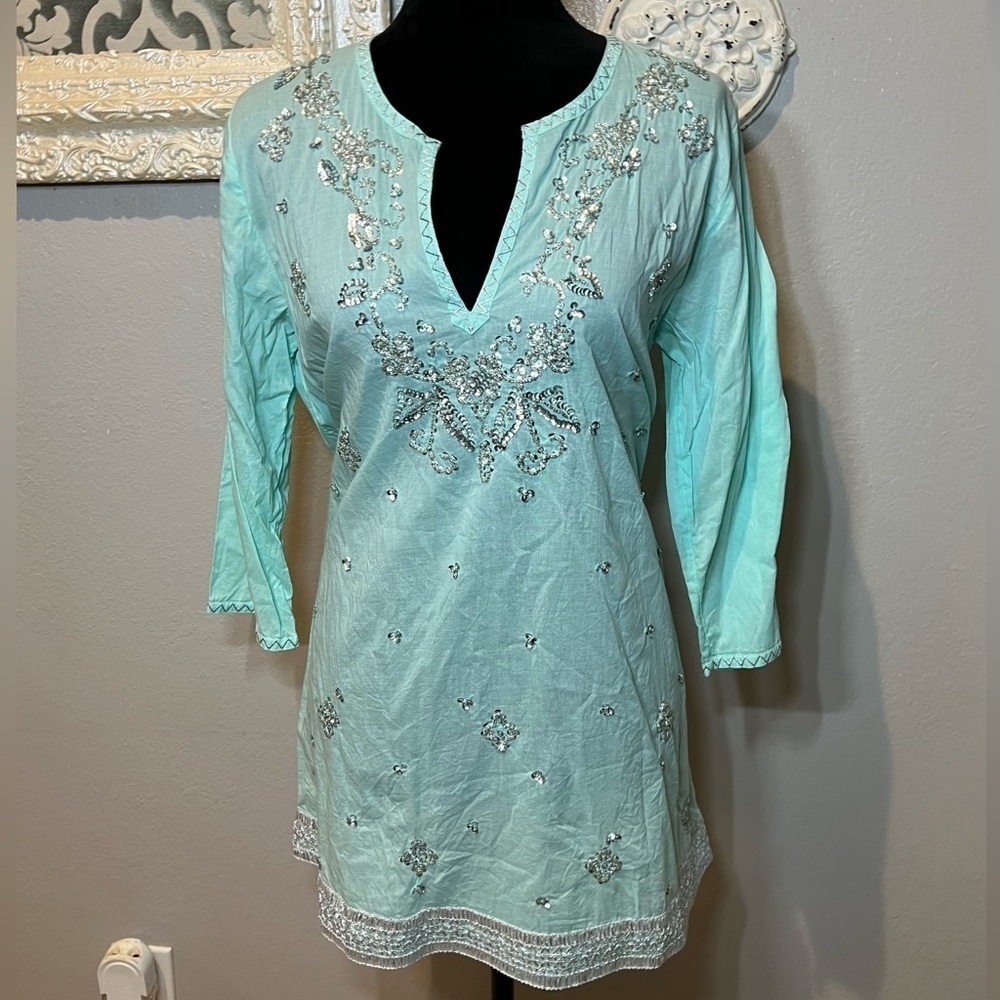 Embroidered beaded mint Aqua Tunic Top